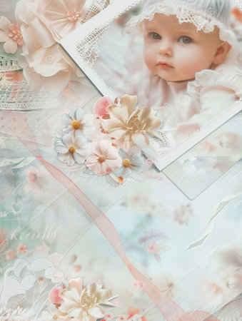 A heartwarming collection of infant and childhood pictures elegantly arranged within a delicate floral backdrop, capturing precious memories.の素材
