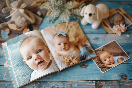 A beautifully arranged baby photo album showcases adorable pictures of infants and toddlers, capturing joyful memories and moments.の素材