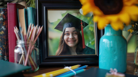 A framed graduation portrait is displayed on a table surrounded by school supplies and vibrant floral decor, celebrating academic achievement.の素材