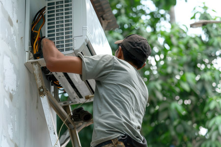 A technician is carefully installing an air conditioning unit outside a home on a ladder in warm weather while surrounded by greenery.の素材