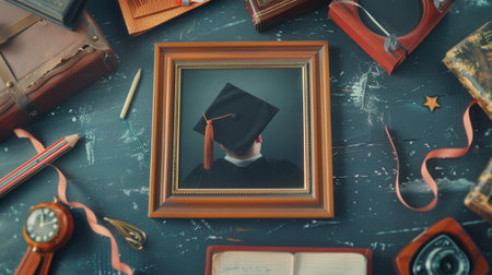 Framed graduation portrait captures a moment of success, displayed among various school related items and decorations on a desk.の素材