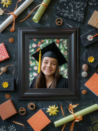 Framed graduation portrait surrounded by school related decorations, highlighting a joyful celebration of academic achievement.の素材