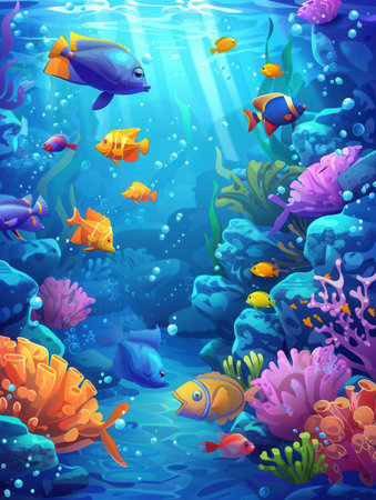 Brightly colored aquarium fish explore a lively underwater habitat featuring diverse coral reefs and aquatic vegetation under sunny conditionsの素材
