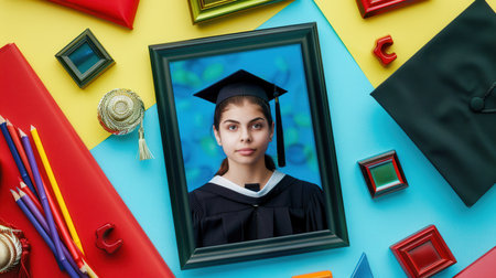 Framed graduation picture surrounded by vibrant school supplies highlights the joy of academic success and future aspirations.の素材