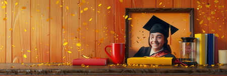 A framed graduation portrait stands out against a playful backdrop of colorful books and confetti on a rustic shelf setup.の素材