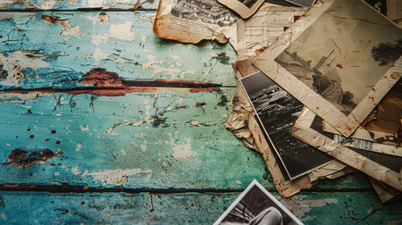 Collage features an assortment of aged photographs scattered across a weathered, turquoise wooden surface, perfect for creative designs.の素材
