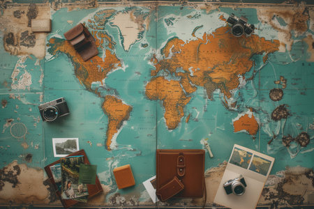 Colorful travel photos are arranged on a world map backdrop, inviting adventure and exploration ideas in a stylish mock up.の素材