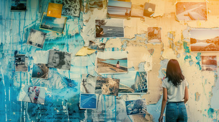 A person admires a vibrant collage of memories displayed on a wall, surrounded by colorful textures and light.の素材