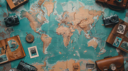 Travel photos and vintage cameras arranged on a colorful world map backdrop, perfect for showcasing adventures and exploration.の素材
