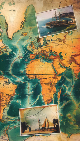 Travel memories captured on a world map layout showcasing unique destinations and adventures from various locations. Generative AIの素材