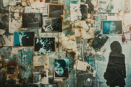 Creative collage featuring various photographs pinned on an artistic background with available space for text. Generative AIの素材