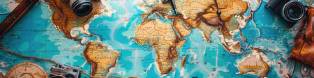 Travel memories showcased on a vintage world map with copy space for travel inspiration. Generative AIの素材