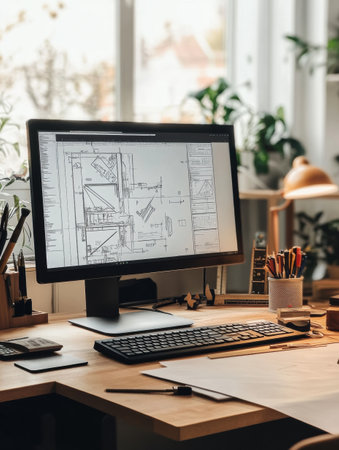 An engineering desk showcases a computer screen with architectural plans, surrounded by essential tools and a plant filled window view.の素材