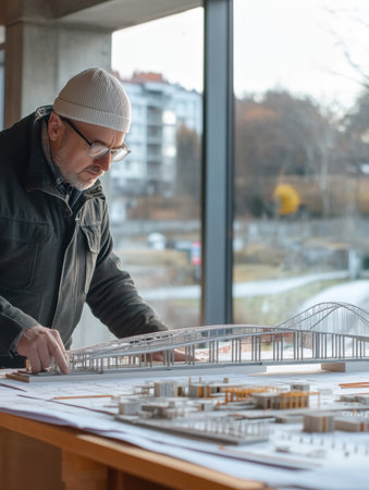 Civil engineer analyzes detailed bridge model while working in a contemporary design studio with large windows.の素材