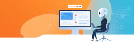 A human and an AI work together in a modern digital workspace, utilizing various technology tools and data visualizations to complete tasks.の素材