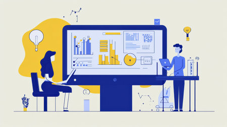 A human and AI work together on data analysis and task management in a contemporary office with various digital tools and charts.の素材