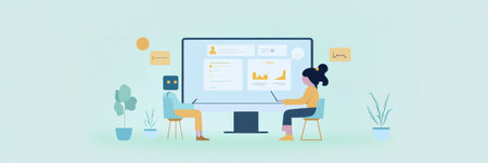 In a light filled workspace, a person works alongside an AI system, engaging with data and graphics on a large screen.の素材