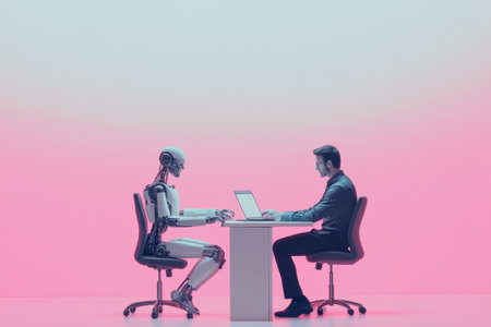 A human and a robot collaborate on technology projects at a desk, showing the future of teamwork and innovation in a modern workspace.の素材