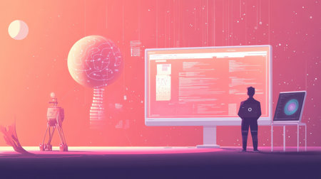 A human and artificial intelligence work together in a vibrant, futuristic workspace featuring advanced technology and digital displays.の素材