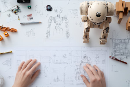 A human and a robot collaborate on a creative project at a busy desk filled with various tools and sketches.の素材