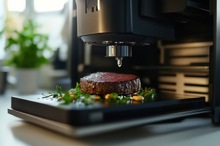 A 3D food printer constructs a plant-based steak on a sleek kitchen counter, showcasing advanced culinary technology.の素材