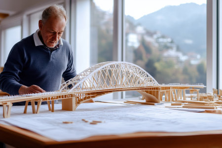 A civil engineer examines a detailed wooden bridge model with passion, showing expertise and dedication to urban development.の素材
