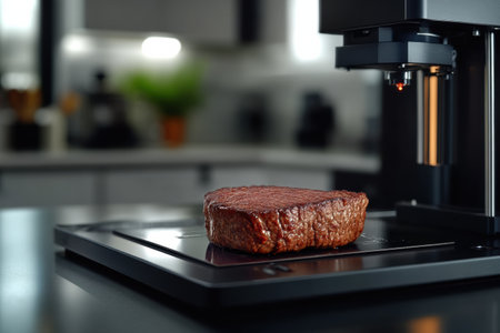 A 3D food printer is crafting a detailed plant-based steak in a contemporary kitchen, showing innovative cooking technology.の素材