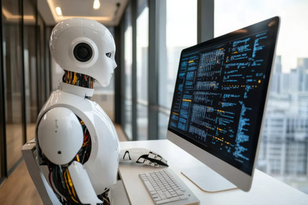 A human and AI engage in collaborative problem solving using a computer in a sleek, contemporary office setting during daylight hours.の素材