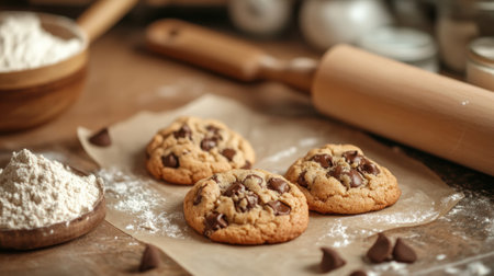 Delicious chocolate chip cookies rest on parchment paper, surrounded by baking tools and ingredients in a warm kitchen setting.の素材