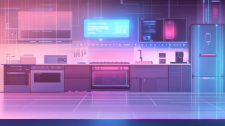 A sleek kitchen equipped with smart appliances, showcasing a modern design with vibrant colors and advanced tech elements.の素材