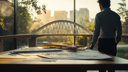 Civil engineer focuses on intricate bridge model while contemplating design plans in a well lit urban workspace during sunset.の素材