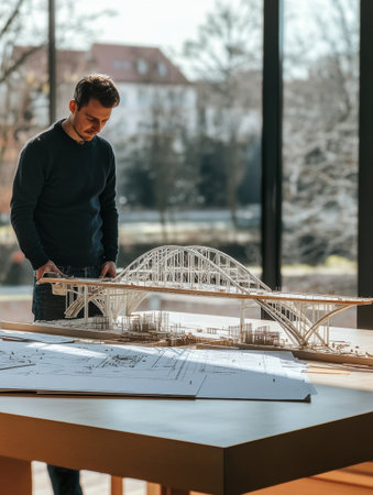 A civil engineer carefully examines a meticulously crafted bridge model, showing design intricacies and planning in a well lit environment.の素材