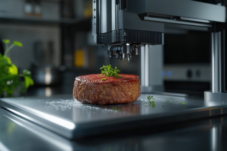 A sophisticated 3D food printer is crafting a juicy plant-based steak surrounded by fresh herbs in a contemporary kitchen setting.の素材