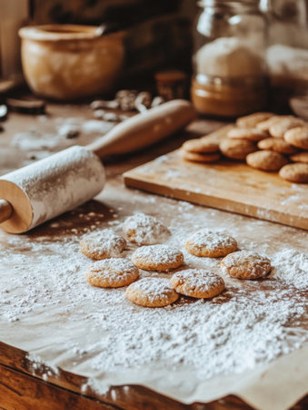 Freshly baked cookies are displayed on a kitchen countertop covered in flour, with baking tools nearby, creating a homey atmosphere.の素材