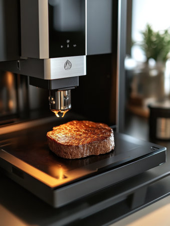 Cutting-edge technology is being used to craft a mouthwatering plant-based steak, showing the future of sustainable dining.の素材
