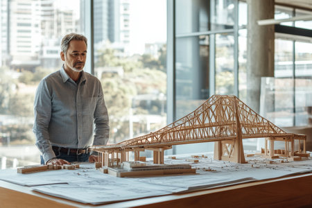 Professional civil engineer reviews intricate bridge model while collaborating on construction plans in an urban office setting.の素材