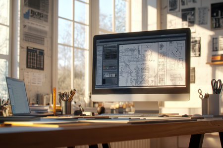 A well organized engineering desk showcases a computer displaying blueprints alongside tools and stationery in a sunlit room.の素材