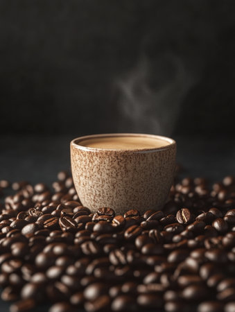 A steaming cup of coffee rests in the center, surrounded by rich coffee beans on a dark surface, inviting warmth and comfort.の素材