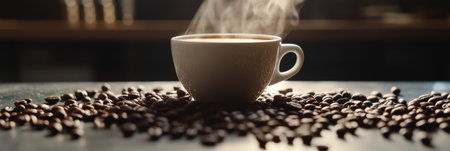 Steaming cup of coffee sits on a table scattered with coffee beans, offering a warm and inviting atmosphere for coffee lovers.の素材