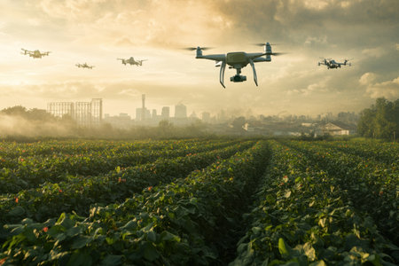 Drones equipped with advanced technology navigate over fields and urban landscapes, performing delivery and surveillance at sunset.の素材