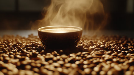 Close up of a steaming cup of coffee resting on a bed of roasted coffee beans, creating a cozy and inviting atmosphere in soft light.の素材
