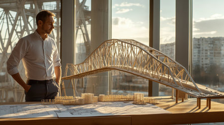 Civil engineer stands thoughtfully beside a detailed model of a bridge on a table filled with design plans in a well lit spaceの素材