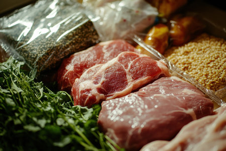 A vibrant assortment of fresh vegetables, meat cuts, and grains are displayed, providing a tempting view for meal preparation.の素材