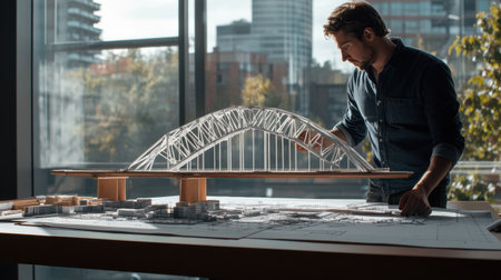 A civil engineer analyzes an intricate bridge model at a workspace with large windows, showing a city skyline and natural light.の素材