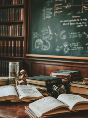 A desk cluttered with various books, notebooks, and stationery invites inspiration and scholarly activities in a warm, inviting space.の素材