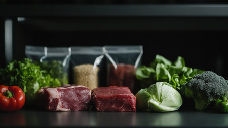 Fresh and vibrant vegetables, different cuts of meat, and grains are neatly arranged on a table, creating a visually appealing display.の素材