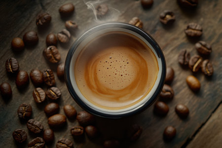 A steaming cup of coffee sits on a wooden surface, accompanied by scattered coffee beans, inviting warmth and aroma to the environment.の素材