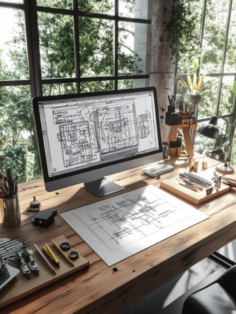 Sunlight fills a contemporary engineering desk displaying design blueprints and tools, creating an inspiring workspace in a leafy environment.の素材