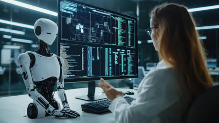 A human and an AI work together on complex assignments in a sleek, high tech office environment filled with digital displays.の素材