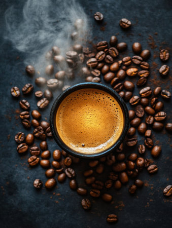 A steaming cup of rich coffee sits atop scattered roasted coffee beans on a dark surface, creating an inviting atmosphere for coffee lovers.の素材